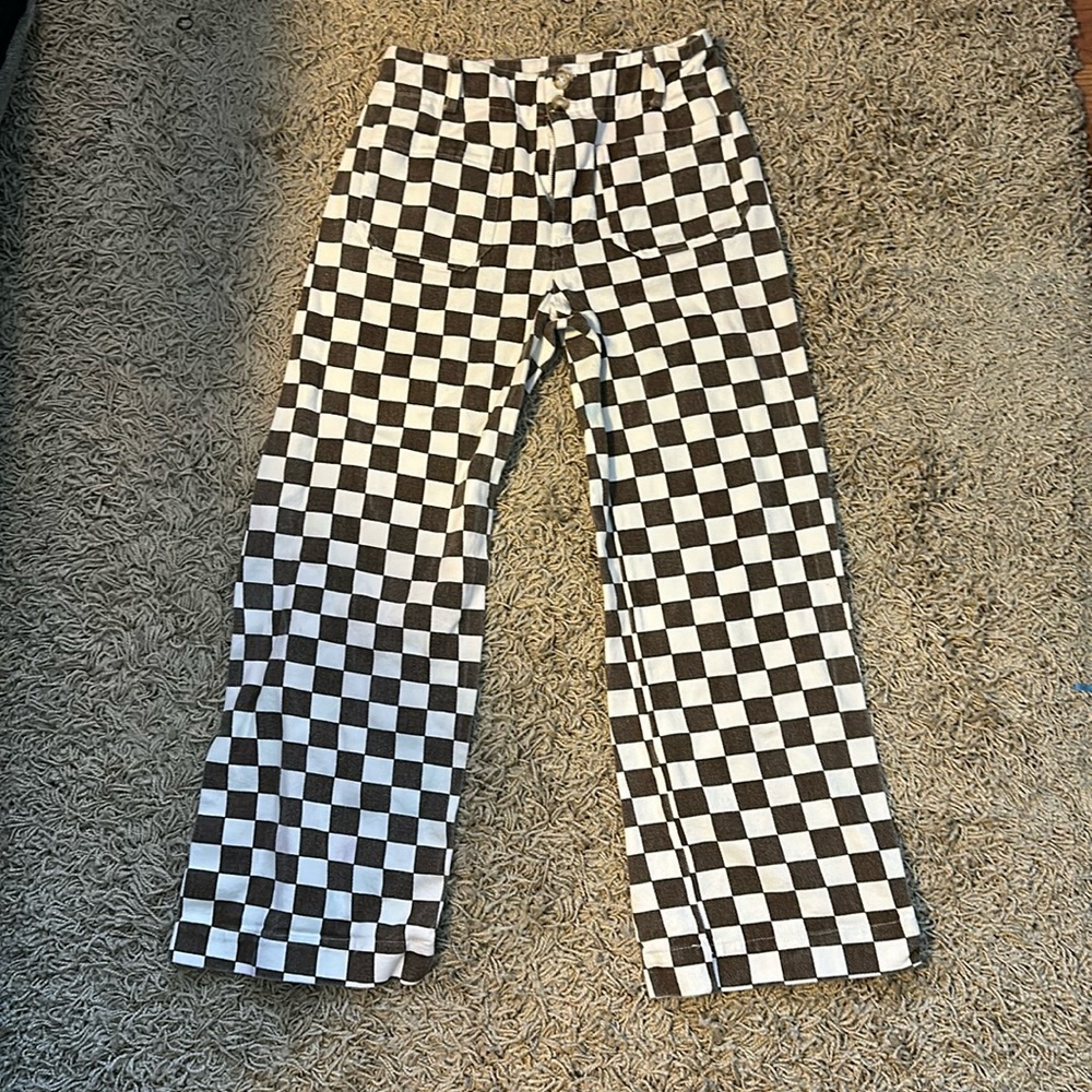 Papermoon Brown and White Checkerboard Wide Leg Pants